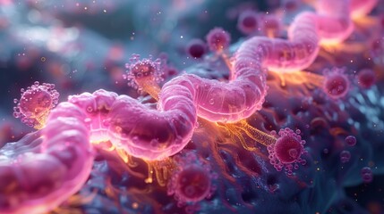 Fototapeta premium Showcase the process of gastric secretion in the stomach, depicting how gastric glands produce hydrochloric acid and pepsinogen to break