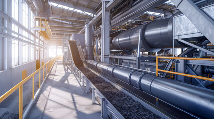 An inside perspective of an industrial facility showing large cylindrical machinery, conveyor belts, and bright natural light streaming through large windows.