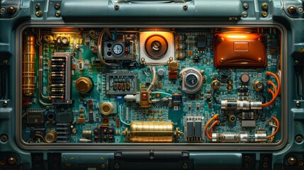 Fototapeta premium Showcase the intricate components of electronic equipment inside a travelers luggage as seen on the monitor of the x-ray machine