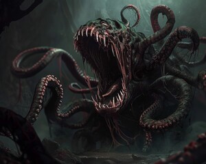 Eldritch Horror Coiling Tentacles of an Otherworldly Entity in a Gloomy Underworld Setting
