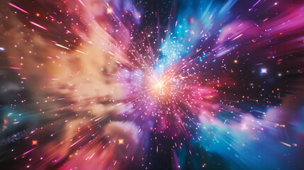 Fototapeta premium An explosion of vibrant colors and particles captures the magnificence and wonder of a celestial event, set in the vastness of space.