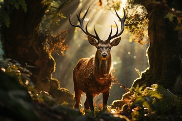 Majestic deer resting in sunny morning clearing., generative IA