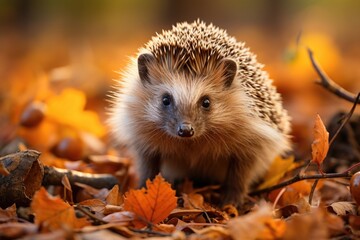 Fototapeta premium Autonal hedgehog emerges in woods with rich details., generative IA