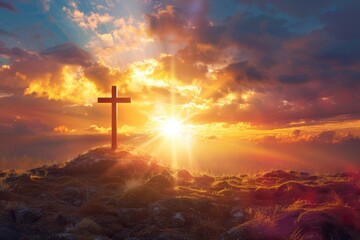 Fototapeta premium New year sunrise cross Bible faith church concept.