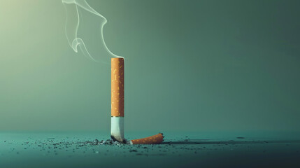A half-smoked cigarette stands upright with smoke trailing off, surrounded by ash and a broken cigarette butt.