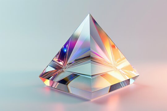 Futuristic 3D rendering of an iridescent glass pyramid floating on a clean white background, emphasizing its smooth, reflective surfaces and color transitions