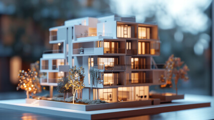 A sophisticated model of a modern apartment building surrounded by miniature trees, illuminated warmly, creating an inviting ambiance at dusk.