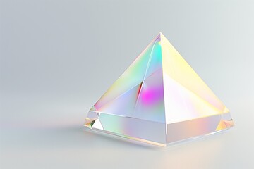Futuristic 3D rendering of an iridescent glass pyramid floating on a clean white background, emphasizing its smooth, reflective surfaces and color transitions