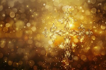Christmas card background  Blur gold cross symbol for christian and catholic