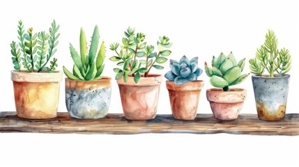 The image shows a variety of succulents in pots on a wooden shelf