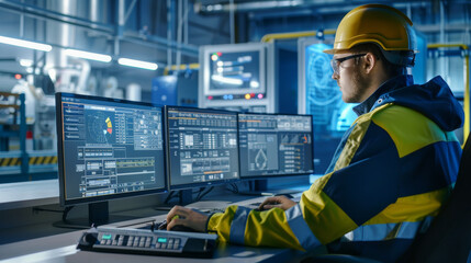 An engineer working diligently on multiple monitors in a sleek, futuristic factory, reflecting a high level of technology and precision.