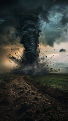 Fototapeta premium Destructive Tornado Ravaging Rural Farmland Landscape with Ominous Storm Clouds and Swirling Debris
