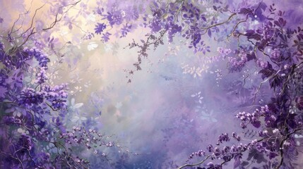 Ethereal Floral Entanglement Romantic Impressionistic Forest Canopy with Delicate Lavender and Silver Blossoms