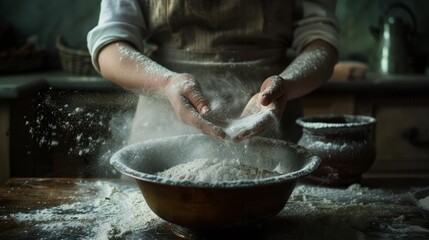 Delicate Hands Sifting Fine Flour in Cozy Farmhouse Kitchen Setting