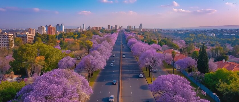 AI generator image of pink Jacaranda,pink Wisteria flowers The trees are in full bloom, pink Jacaranda trees are planted on both sides. 