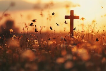 Easter Religious concept  Silhouette cross and birds flying on meadow autumn sunrise