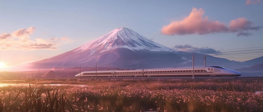 AI generator image of high-speed electric trains, japan shinkansen in front of fujiyama, hyperrealistic .The train is crossing the bridge down the left over the river, photorealistic wide angle shot
