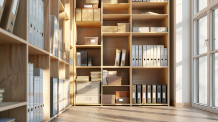 Obraz premium Sunlight pours onto neatly organized shelves, casting warm tones in this tranquil library or office setting.