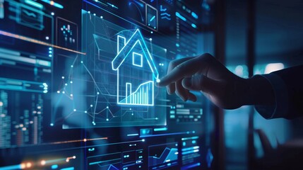 Glowing Holographic Real Estate Growth Businessperson Using Digital Tablet in HighTech Office with Neon Lighting and Abstract Interfaces