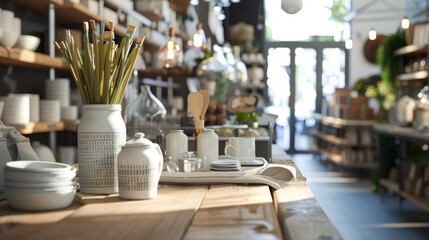 A pastel-toned store display with neatly arranged pottery and kitchenware on wooden shelves, creating a serene and inviting shopping atmosphere.