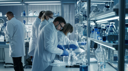 A bustling laboratory with scientists in white coats working intently, underscoring themes of scientific research and innovation.