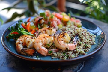 A beautifully arranged plate of grilled shrimp with a side of quinoa and vegetables