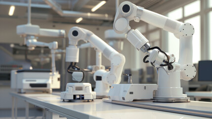 Rows of advanced robotic arms in a well-lit, modern factory, embodying technological progress and precision in manufacturing.