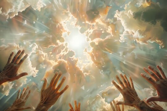 Heaven opens as God comes down to earth for the final judgment with blurry hands of people below.