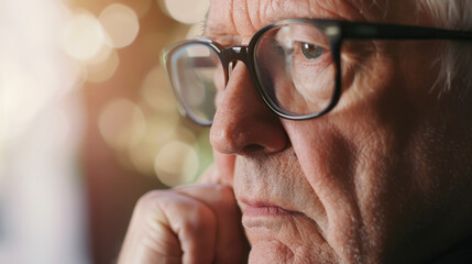 A focused close-up of an elderly man with glasses in deep contemplation, his face softly illuminated by ambient background light.