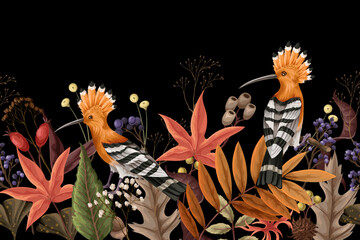 Border with hoopoe bird, autumn leaves and branches. Vector. © Yumeee