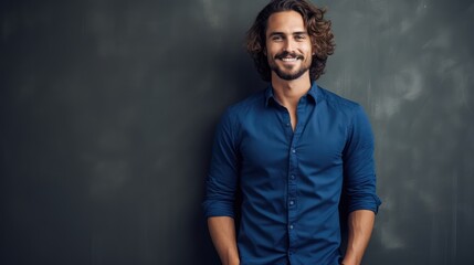 Obraz premium Portrait of handsome young man smiling at camera while standing against blackboard