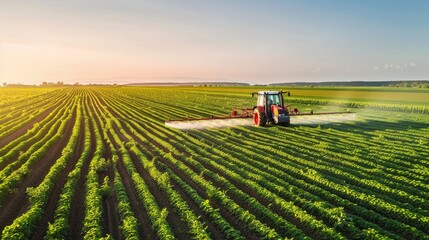 Efficient Precision Agriculture HighTech Tractor Spraying Crops in Lush Green Field