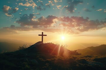 Fototapeta premium Silhouette cross on Calvary mountain at sunset. Easter concept.