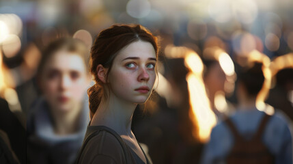 Pensive young woman in a crowded street, gazing thoughtfully, surrounded by unfocused passersby, capturing the essence of urban anonymity.