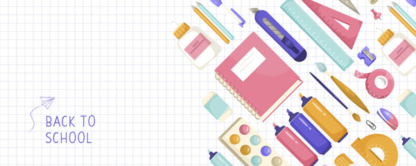 Illustrated school supplies on a grid paper background, concept of back-to-school season. Vector illustration