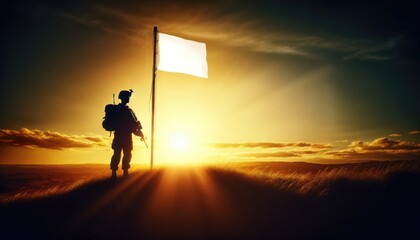 Fototapeta premium A lone soldier stands silhouetted against a golden sunset, holding a white flag, symbolizing peace
