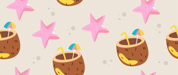Vector flat illustration. Summer vacation concept. Used as background mockup for banner design. Horizontal seamless posters, wallpapers.
