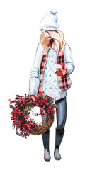 Obraz premium Woman holds Christmas wreath isolated on white. Watercolor fir wreath clipart.