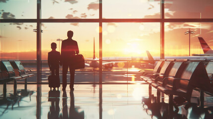 A man and child with suitcases stand in an airport terminal, gazing at a vibrant sunset, symbolizing travel, new beginnings, and the bond of family.