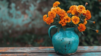 Tagetes flowers in a ceramic vase symbolizing fall © TheWaterMeloonProjec