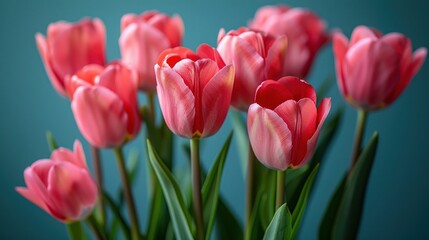Close up of pink tulips in bloom against a teal background
