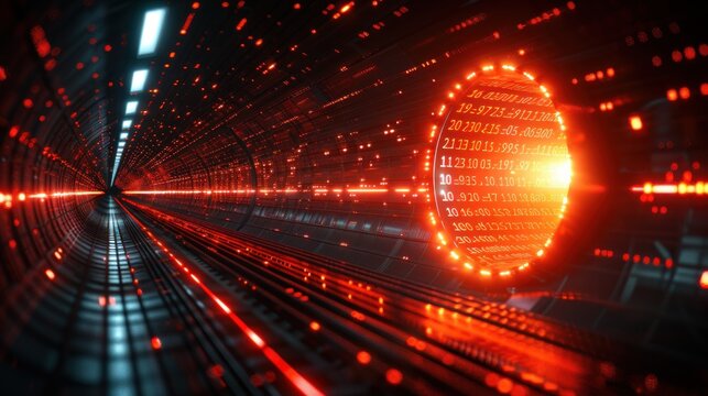 Digital tunnel with glowing red circle and numerical data display