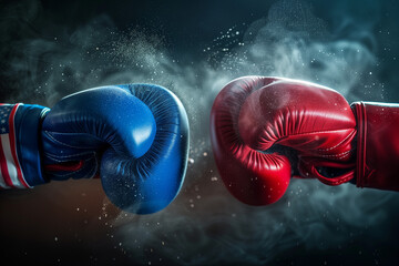 Political and economic confrontation: USA versus China and Turkey. Boxing gloves in colors of USA, China and Turkey flags