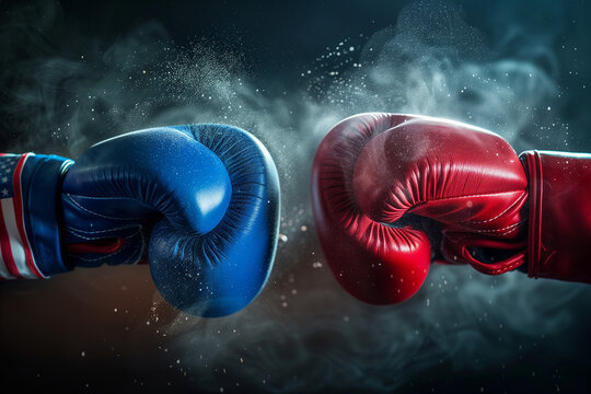 Political and economic confrontation: USA versus China and Turkey. Boxing gloves in colors of USA, China and Turkey flags