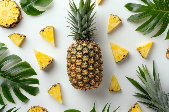 A whole pineapple with freshly cut juicy pieces and green leaves, on a clean white background