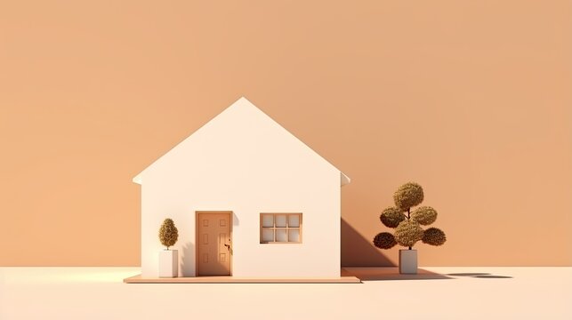 3D rendering of a small house with a door, a window and two trees in front of it. The house is white and the trees are green.