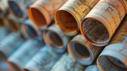 Neatly rolled blueprints ride in a spectrum of colors, representing creativity, precision, and diverse architectural visions.