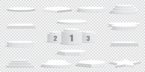 Set of white blank podiums on transparent background. Pedestals. Scene. Vector illustration.