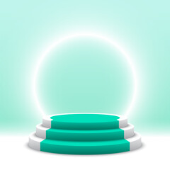 Blank podium with glowing ring. Round pedestal. Cosmetic products display platform. 3d render stage. Exhibition stand. Vector illustration.