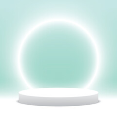 Blank white podium with glowing ring. Round pedestal. Cosmetic products display platform. 3d render stage. Exhibition stand. Vector illustration.